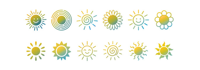 Colorful Gradient Sun Icons Set – Hand-Drawn Doodle Style Sunshine Symbols for Summer and Weather Projects