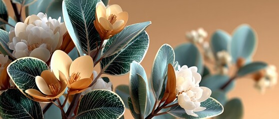 Elegant Minimalist Nature Background  Green Leaves  Beige Flowers