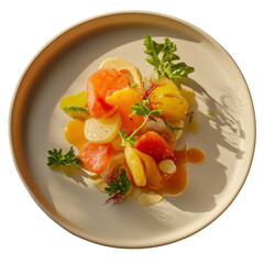 Gourmet fruit and vegetable dish with creamy sauce garnish