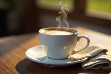 Fototapeta premium Steaming coffee in white mug, folded napkin beside , aroma, cappuccino, cafe