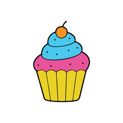 Pink vector illustration of a sweet birthday cupcake with cream and cherry