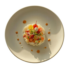 Elegant plated dessert garnished with floral accents and fruits