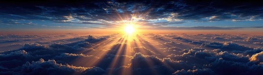 Confidence in returns with market risk perception concept. Breathtaking sunrise over clouds with beams of sunlight spreading.