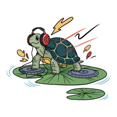 A cool turtle DJ mixes music on lily pads, wearing headphones.