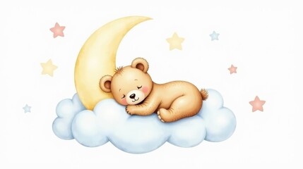 Pastel watercolor illustration of a small teddy bear sleeping curled up on a soft pale beige crescent moon
