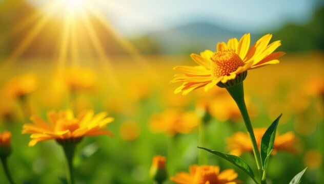 Vibrant calendula blossoms in sunlit field Natural healing plant , marigold, rustic, macro