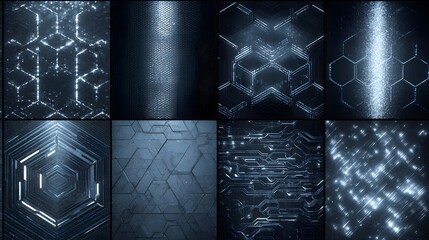 Futuristic Technology Pattern Collection with Hexagonal Circuit Lines and Digital Light Effects