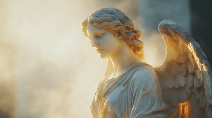 A detailed view of a statue of an angel's face, with intricate features and facial expressions 2