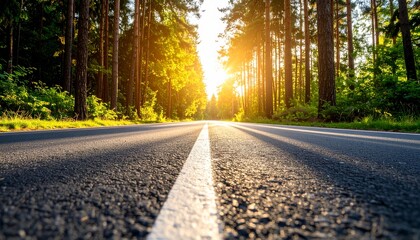 Obraz premium Road forest trees sunlight asphalt nature journey