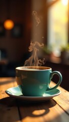 Obraz premium Warm coffee steam rises from mug on wooden table, soft bokeh lights , comfort, cup