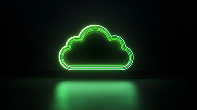 Glowing Green Neon Cloud Icon on Dark Background