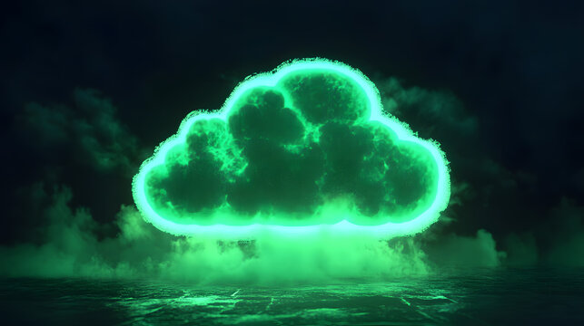 Glowing Green Cloud Icon Reflected in Water Against a Dark Background