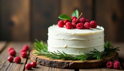 White cake, red & white decor, fir branches, rustic wood table, holiday baking, cake, candy