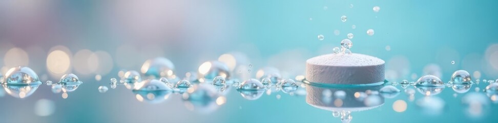 White effervescent tablet dissolving, bubbles rising in clear water , close-up, photography, bubbles