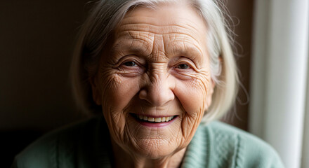 Close-up portrait of smiling elderly woman with wrinkles
