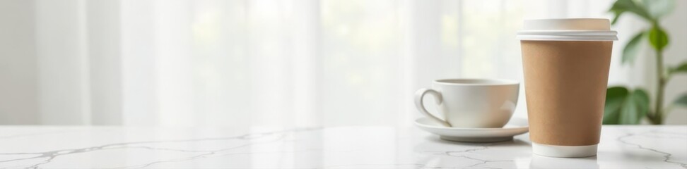 White marble tabletop, disposable coffee cups , business, background