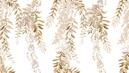 Watercolor illustration of hanging wisteria branches with leaves and flowers on a white background