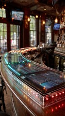 Obraz premium Illuminated Bar Top with LED Lights Screens Modern Pub Design