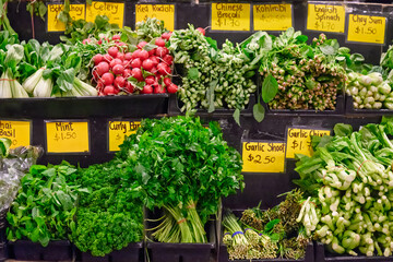 Fresh market produce, vegetables and herbs at farmers market, healthy food and lifestyle