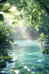 Naklejka premium Sunlight streams through lush foliage above a tranquil river.