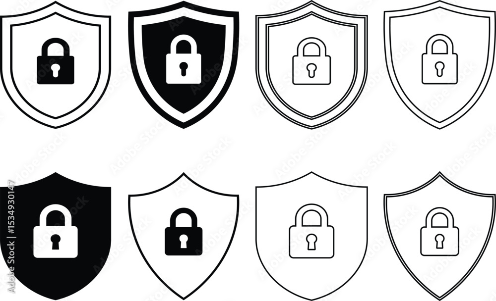 Poster collection of shields featuring padlocks representing security and protection concepts in various st