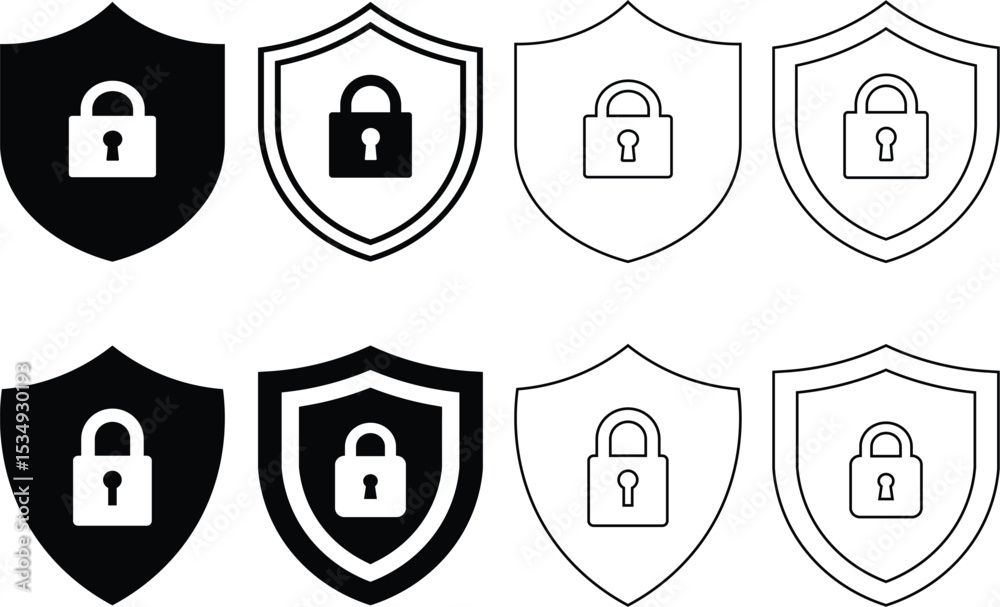 Poster shield icons representing security and protection with lock symbols in various design variations.