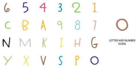 Letter and Number simple New concept 24 hand drawn color icons set .Vector illustration.
