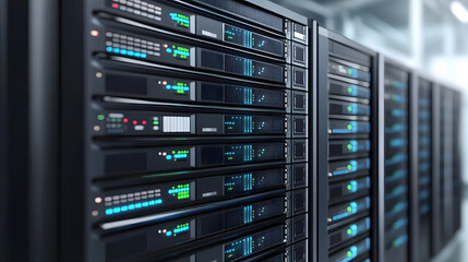 Row of server racks with illuminated panels in a data center