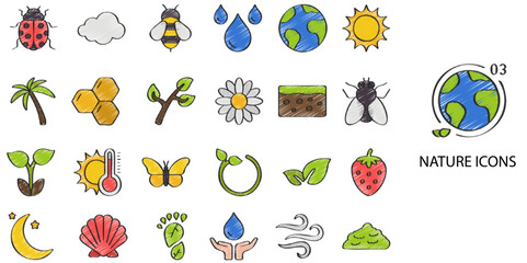Nature simple New concept 24 hand drawn color icons set .Vector illustration.