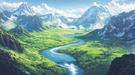 Lush valley winding river amidst snow-capped mountains