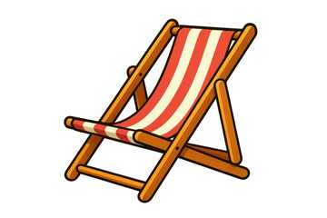 Wooden deck chair featuring red-white striped canvas, positioned against transparent background, representing summer leisure and beach relaxation concept