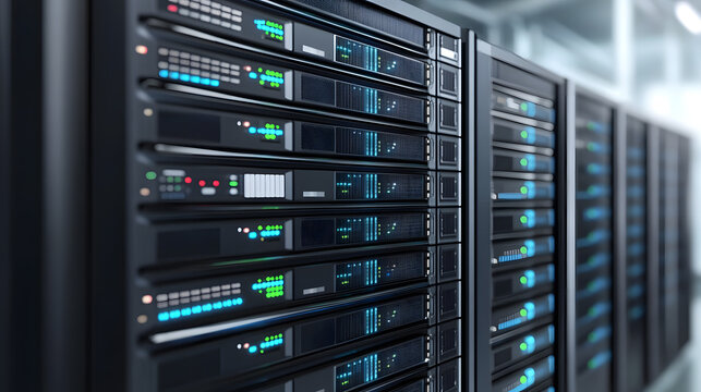 Row of server racks with illuminated panels in a data center