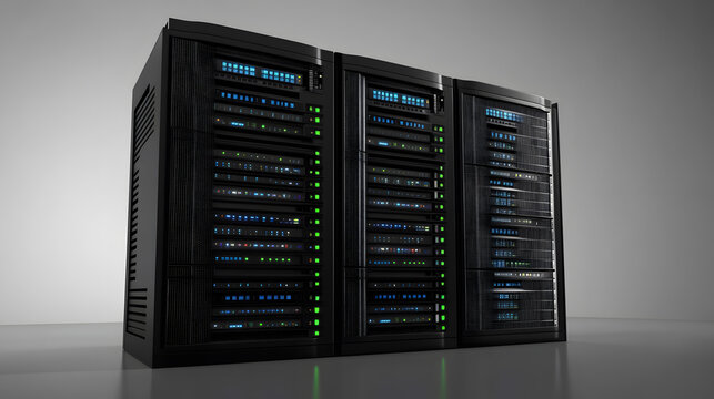 Row of High-Density Server Racks with Illuminated Components - Powered by Adobe