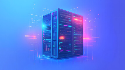 High-tech server racks illuminated with vibrant neon lights against a blue background