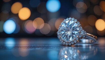 A radiant diamond ring set against a backdrop of soft bokeh lights.