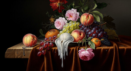 Naklejka premium Classic still life of flowers and fruits illuminated by soft light