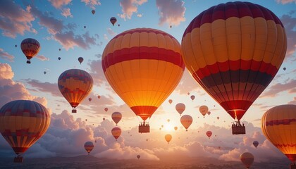 Obraz premium Many hot air balloons soar through a colorful sky at sunrise.