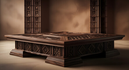 Intricately Carved Wooden Table Ancient Interior Scene