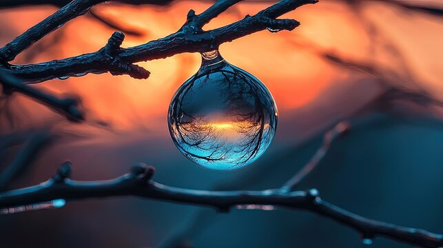 A spherical droplet reflects the sunset on a tree branch. - Powered by Adobe