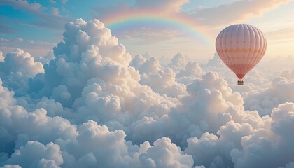 Peach-toned hot air balloon soars above fluffy clouds.