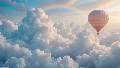 Keuken achterwand Ballonnen Peach-toned hot air balloon soars above fluffy clouds.  © ambacim