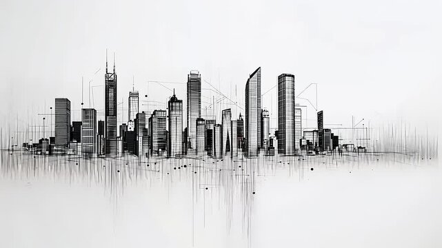 Abstract skyline illustration featuring modern skyscrapers with digital elements and a minimalist background