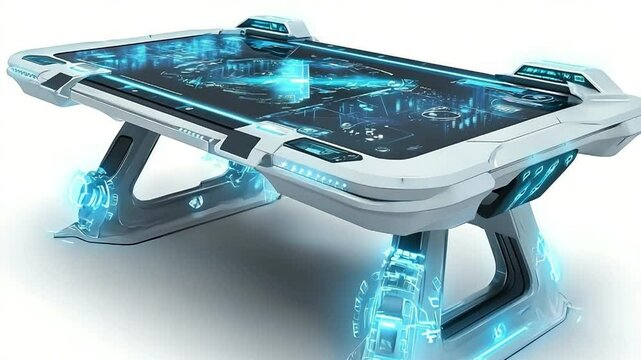 Futuristic interactive holographic table displaying advanced technology in a sleek design