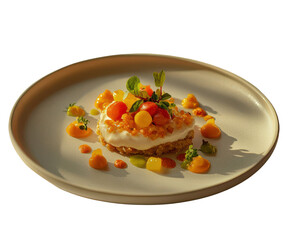 Modern dessert with cream crumble fruit and fresh microgreen garnish