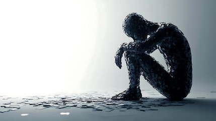 Abstract Figure in Contemplation Amidst Fragmented Pieces