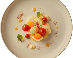 Plated root vegetable salad with cherry tomato and cream sauce