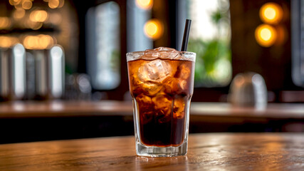 Fresh iced americano in a clear glass on a wooden table, with a cafe bokeh background