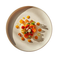 Colorful vegetable salad with fresh herb and yellow sauce dot