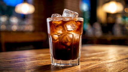Fresh iced americano in a clear glass on a wooden table, with a cafe bokeh background