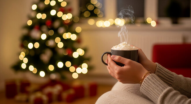 Woman enjoying hot drink by Christmas tree lights at home